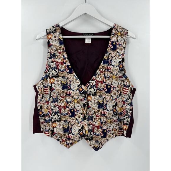 Castle Rock Vintage Vest Womens Large Cats USA American Flag Satin Button Retro - Picture 1 of 15